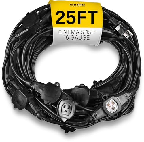 COLSEN Extension Cord with Multiple Outlets – 25 ft Heavy Duty 16 Gauge Power SJTW Cable, 15 Amp 3 Prong 6 NEMA Multi Plug, 16 AWG Male to Female Connector, 5-15R Female Socket, Outdoor/Indoor Black