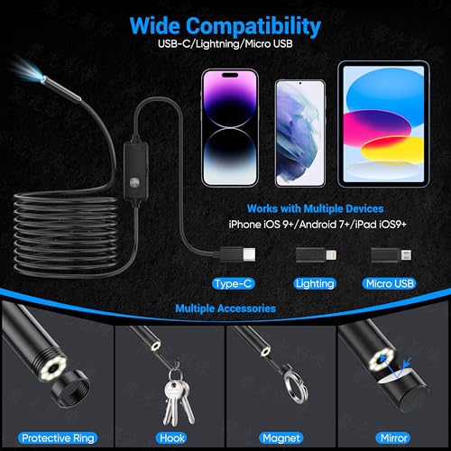 Endoscope Camera with Light,1920P HD Borescope with 8 Adjustable LED Lights, Endoscope with Semi-Rigid Snake Cable, IP67 Waterproof Inspection Borescope for iOS and Android-16.4ft Single Lens