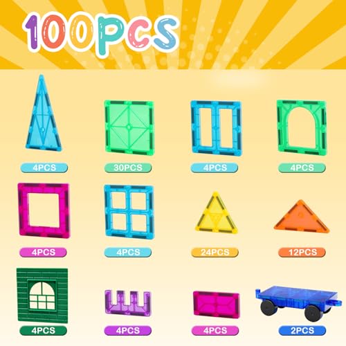 FNJO Magnetic Tiles, 100PCS Building Blocks, STEM Magnets Building Toy Set, Preschool Kindergarten Construction Stacking Toy, School Teacher Supplies, Classroom Must Haves