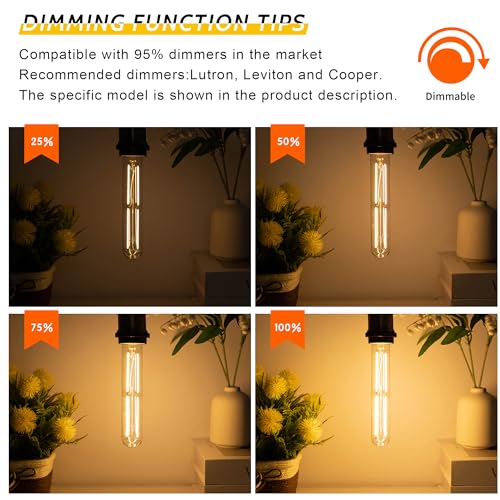 Tubular Light Bulb 7.3 Inch Dimmable T10 LED Bulb E26 6W 60 Watts Edison Bulbs 2700K Solf White,185mm Long for Wall Sconces, Pendant, Livingroom, 4-Pack