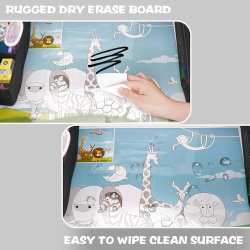 MENZOKE Kids Travel Tray, Road Trip Activities for Kids with Dry Erase Board & Cooler Cup Holder, Toddler Car Activities with No-Drop iPad Holder Stand, Roadtrip Essentials for Toddlers, Black