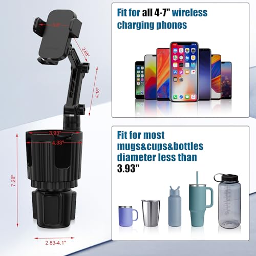 Wireless Car Charger Phone Mount Cup Holder, 3 in 1 15W Fast Charging Auto Clamping Cup Holder Expander for Car, Phone Holders for Your Car CupHolder Wireless Charger Compatible for All Smartphones