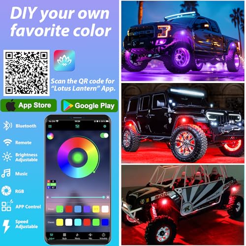 4 Pods RGB LED Rock Lights, Underglow Multicolor Neon Light Kit, Wheel Well Light with APP Control & Music Mode, Under Glow Lights for Trucks,Jeep,SUV,Golf Cart,ATV,Pickup Off Road,12V