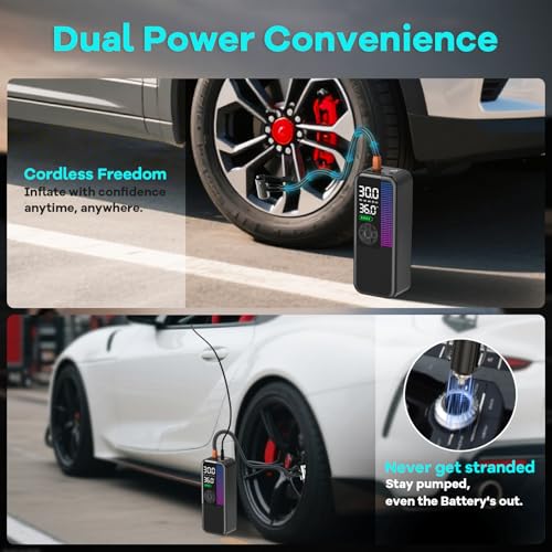 Tire Inflator Portable Air Compressor, 150 PSI Cordless Air Pump, Dual Power 6000mAh, 12V DC Car Plug, Fast Inflation 24L/Min, Auto Shut-Off, LED Light, 4 Preset Modes for Car, Bike, Motorcycle, Balls