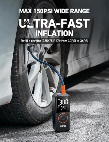 AstroAI L4 Tire Inflator Portable Air Compressor, 150PSI Portable Air Pump for Car Tires with Pressure Gauge LED Light, Electric Air Pump Quick Inflation for Cars, Motorcycles, Bikes, Tires, Balls
