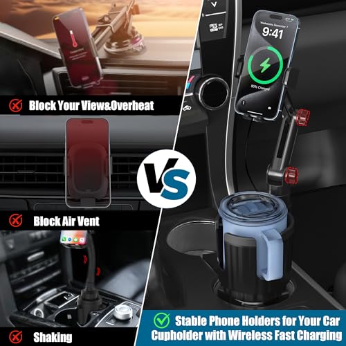 Wireless Car Charger Phone Mount Cup Holder, 3 in 1 15W Fast Charging Auto Clamping Cup Holder Expander for Car, Phone Holders for Your Car CupHolder Wireless Charger Compatible for All Smartphones