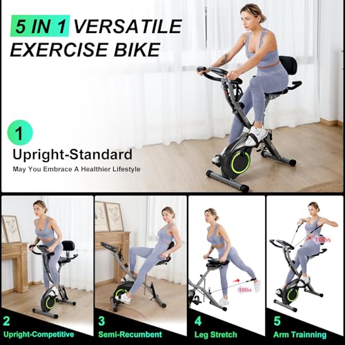 Foldable Exercise Bike Stationary Bikes for Home, 5 IN 1 Indoor Workout Bike, Cycling Bike with 16-Level Quiet Magnetic Resistance, 6.6 LBS Flywheel and 300LBS Capacity for Senior and Home Workout