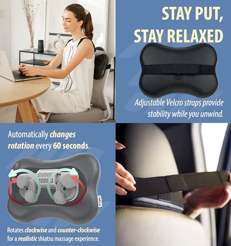 Zyllion Shiatsu Back & Neck Massager with Heat – 3D Electric Kneading Massage Pillow for Full Body Relaxation (Black, ZMA-13)