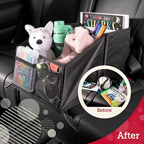 Lusso Gear Car Seat Organizer - Built-In Car Cup Holders & Mesh Pockets - Foldable Back Seat Organizer with Handles - Kids Road Trip Essentials - 9 Compartments, Black Oxford