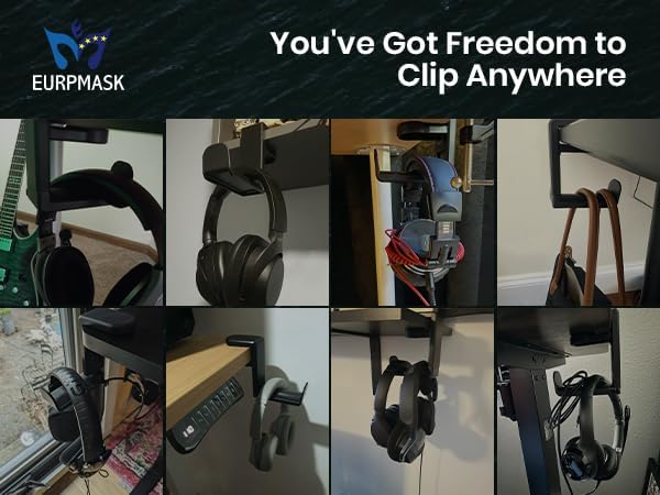 EURPMASK Rotating Headphone Stand - PC Gaming Headset Holder, Adjustable Clamp-on Under Desk Hanger With 360 Degree Swivel & Cable Clip Organizer - Black