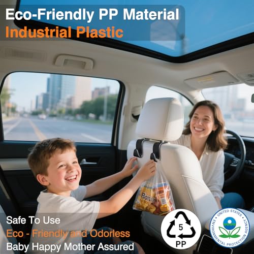 Car Seat Hooks & Purse Holder - 4 Pack Boxed,55 lb Heavy Duty,Eco PP Car Hooks for Purse/Bag/Baby Gear/Gym Bag/Groceries/Cup/,Fits 0.32-0.55”Car Headrest Rods (Black)