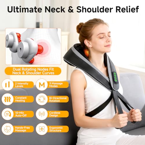 6D Neck & Shoulder Massager with Heat – Cordless Shiatsu Kneading Massager for Relaxation, Comfort, and Stress Relief, Gift for Women and Men, Home & Office Use