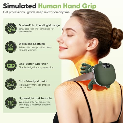 Shoulder and Neck Massager, Bionic Heated Massager, Neck Massager with Fingers, 4D Kneading Massage, Simulates a Real Palm Massage for Comfort, Relax Muscle Tension (Green)