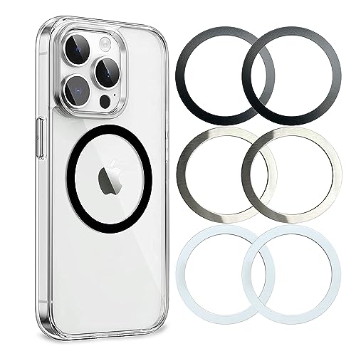 Universal Metal Rings Compatible with Magsafe Sticker,Magnetic Ring for Phone Cases & Wireless Charging, 6 Pack (2 Black,2 White & 2 Silver)