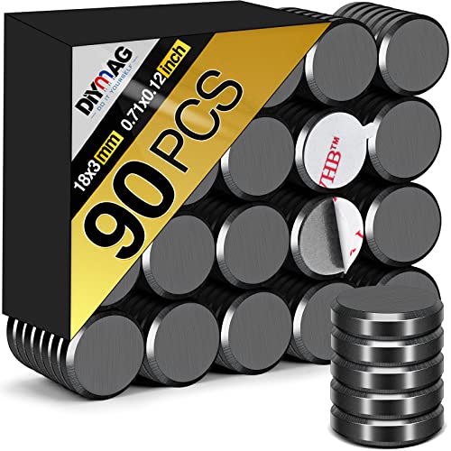 DIYMAG Strong Magnets with Adhesive Backing 90Pcs 0.7x0.12 Ceramic Round Magnetic Dots for Crafts Small Button Refrigerator Magnet Dot Heavy Duty Double Sided for Fridge, School, Home and Office