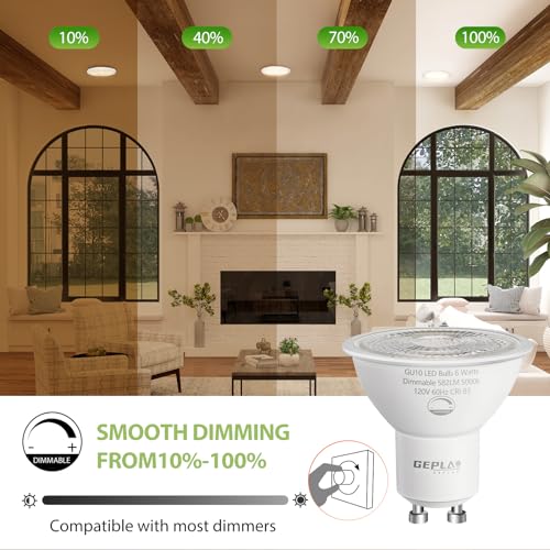 GEPLAD 6-Pack GU10 LED Bulb Dimmable, 3000K Soft White GU10 Bulb Replacement for Track Lighting, 582LM, 6W(50W Equivalent) LED Light Bulb for Kitchen, Range Hood, Living Room, Bedroom