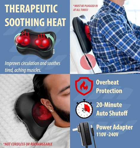 Zyllion Shiatsu Back & Neck Massager with Heat – 3D Electric Kneading Massage Pillow for Full Body Relaxation (Black, ZMA-13)