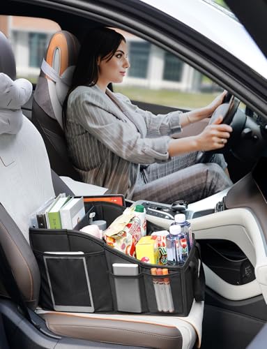YOHOOLYO Car Seat Organizer Backseat Car Organizer with 4 Compartments, 4 Cup Holders and 7 Mesh Pockets for Front and Rear Seat, Black