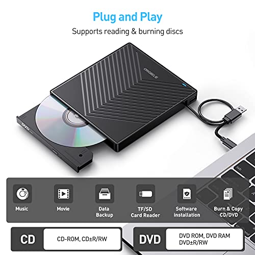 External CD DVD Drive, Ultra Slim CD Burner USB 3.0 with 4 USB Ports and 2 TF/SD Card Slots, Optical Disk Drive for Laptop Mac, PC Windows 11/10/8/7 Linux OS