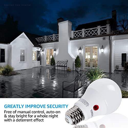 TORCHSTAR Dusk to Dawn Light Bulbs Outdoor, Sensor A19 LED Light Bulb, Auto on/Off Photocell Automatic for Outdoor Lighting, UL FCC DOE, 5000K, Pack of 4