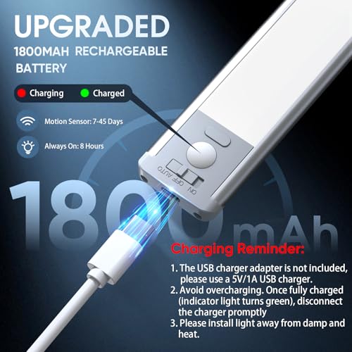 10inch Under Cabinet Lighting, 2 Pack Rechargeable Motion Sensor Light Indoor, 5 Levels Dimmable Magnetic Closet Lights, Wireless Under Counter Lights for Kitchen, Stairs