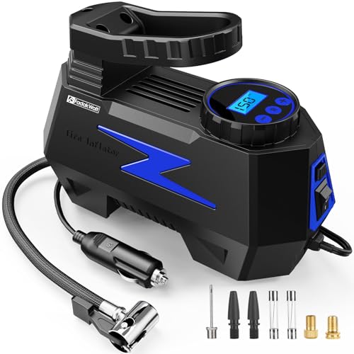 FADAKWALT Tire Inflator Portable Air Compressor, DC 12V Tire Air Pump with LED and 150PSI Digital Pressure Gauge, Portable Tire Inflator for Car Tires, Motorcycles, Bike, Ball (Blue)