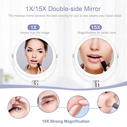 Vanity Makeup Mirror with Stand, 1X/15X Magnification Double Sided 360 Degree Swivel, Portable Table Desk Counter top Magnifying Mirror, Tabletop Mirror for Bedroom or Dorm Room, 6.25 Inch