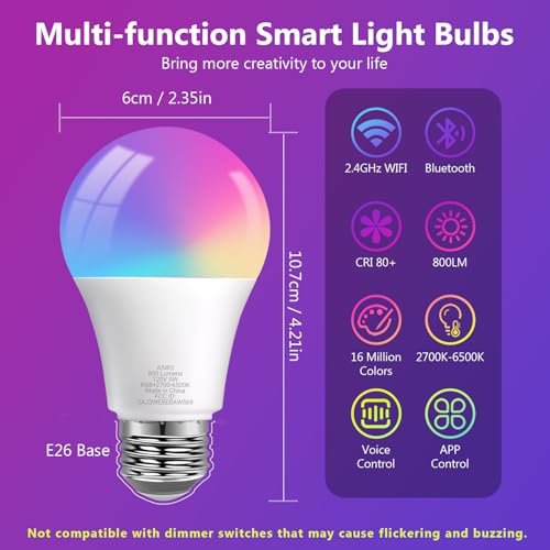 DAYBETTER Smart Light Bulbs, RGBCW Color Changing Smart Bulb Compatible with Alexa & Google Home,Preset Scene, Music Sync, A19 E26 2.4G WiFi Bluetooth Dimmable LED Bulbs, 60W Equivalent, 800LM, 6 Pack