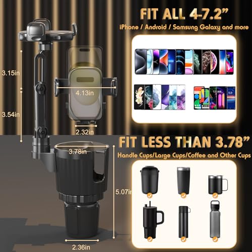 Phone Holders for Your Car, 2 in 1 Universal Cup Holder Expander Adjustable Base with Phone Mount, Long Arm with 360°Rotation Cup Holder Phones Mount for Car Compatible with All Smartphones