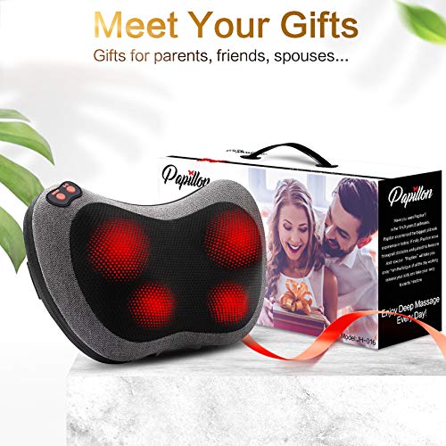 Papillon Shiatsu Back Massager with Heat, Deep Tissue Massage Pillow for Neck,Shoulder,Foot & Lower Back Pain Relief,Electric Kneading Massager for Home, Office, Car-Gifts for Mom, Dad, Men, Women