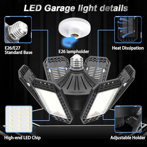 2 Pack Garage Lights, 200W 20000LM 6500K LED Shop Lights, Garage Light Ceiling Led with 6+1 Deformable Panels, Screw in E26/E27 Socket Bulb for Warehouse, Workshop, Basement, Barn Lighting