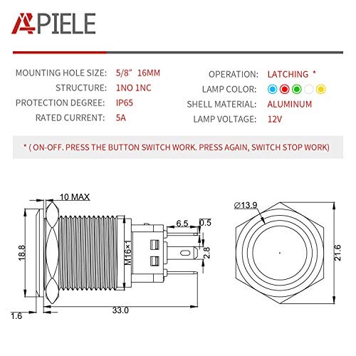 APIELE 16mm Latching Push Button Switch 12V DC On Off Black Shell with LED Angel Eye Head for 0.63" Mounting Hole with Wire Socket Plug Self-Locking (Blue/Black Shell)