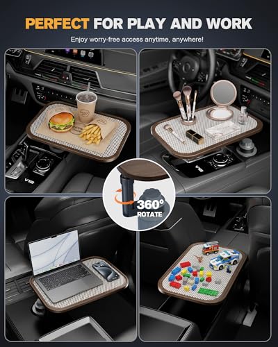 Car Desk for Laptop, Car Table & Car Tray with 360° Rotating Cup Holder, Adjustable Height Car Food Tray, As Car Table Tray or Car Seat Tray, Compatible with Tesla Model 3/Y/S, Ford / Most Vehicles