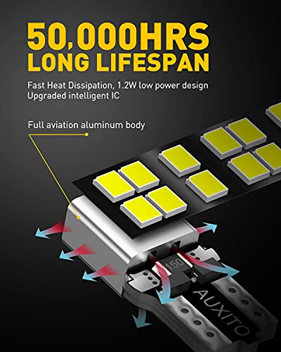 AUXITO 194 LED Bulb 6000K White 168 2825 W5W T10 Wedge 14-SMD Interior Car Bulbs Replacement for Dome Map Door Courtesy Trunk License Plate Parking Lights, 10 PCS