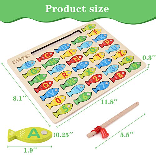Magnetic Wooden Fishing Game Toy for Toddlers, Alphabet Fish Catching Counting Games Puzzle with Numbers and Letters, Preschool Learning ABC Math Educational Toys 3 4 5 Years Old Girl Boy Kids