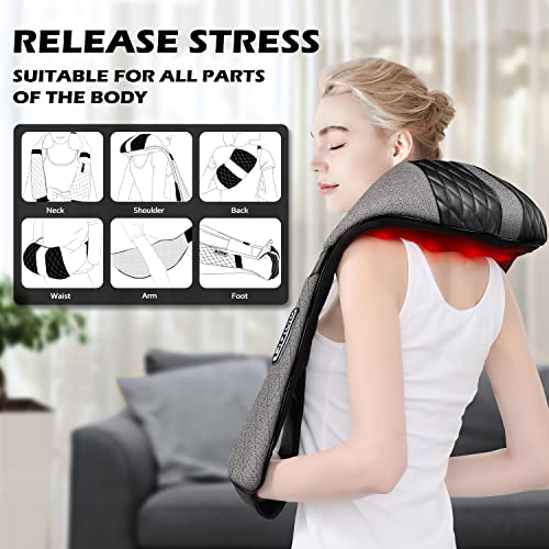 Blue Elf Shiatsu Neck & Back Massager with Heat – 3D Electric Kneading Massage Pillow for Full Body Relaxation (Gray, Home, Office & Car Use)