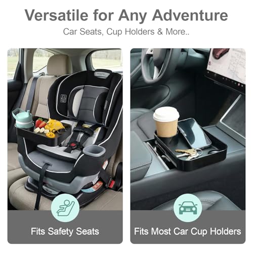 Car Seat Snack Tray for Toddlers - 3 Inch Cup Holder Fits Most Sippy Cups & Straw Bottles with Dip Well, Mess-Free Square Kids Travel Tray Road Trip Essentials, Black