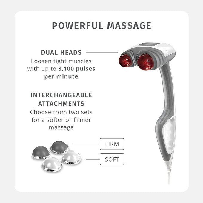 Homedics Back Massager - Heated Automatic Percussion Back, Body and Neck Massager with Dual Pivoting Heads, Interchangeable Nodes, for Shoulders, Legs and Feet, White