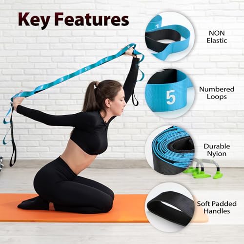Acozycoo Stretching Strap with 10 Loops-Yoga Strap for Physical Therapy,Home Workout,Pilate & Flexibility Training,Non Elastic Exercise Stretch Band for Hamstring,Leg Stretcher Belt,Flexibility Fascia