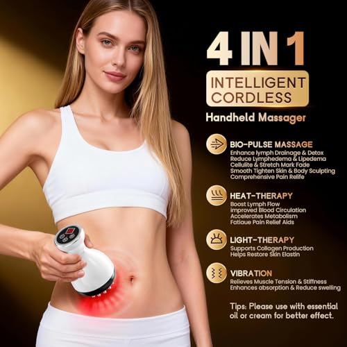 Lymphatic Drainage Massager & Anti Cellulite Massage Tool, Helps Reduce Stretch Marks & Cellulite, for Legs, Arms & Belly, Body Sculpting Machine with Microcurrent & Red-Light & Heat & Vibration