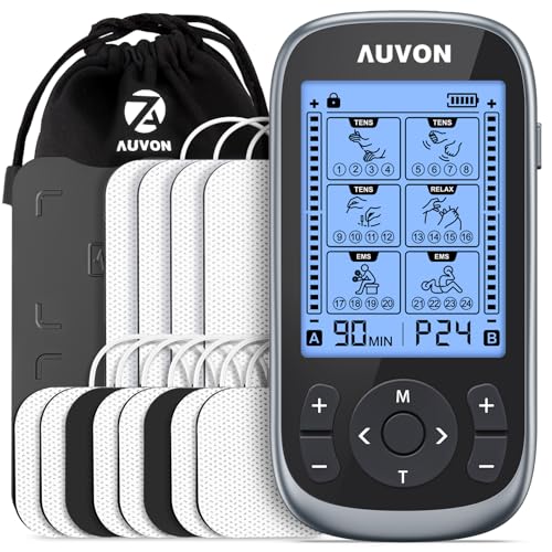 AUVON 3-in-1 TENS & EMS Muscle Stimulator, 40 Intensity Levels, 24 Modes Rechargeable Electronic Pulse Massager with 12 Pads