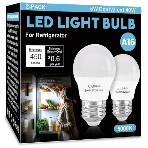 LED Refrigerator Light Bulb 2 Pack，Daylight White 5000K 120V 40W Equivalent Appliance Bulb，A15 5W E26 Base Waterproof Fridge Light Bulbs for Freezer Home Lighting,Small Light Bulb,Dimmable