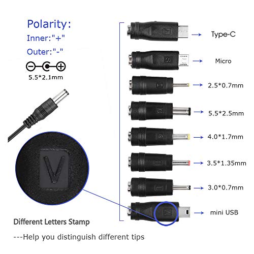 DC 5V 2A 2000mA Power Supply Cord Charger Multi Tips 10W AC Adapter with 8 Selectable Multiple Switching Connectors for TV Box LED Lights Strip Tablets Webcam Camera Speaker Router Transformer ect