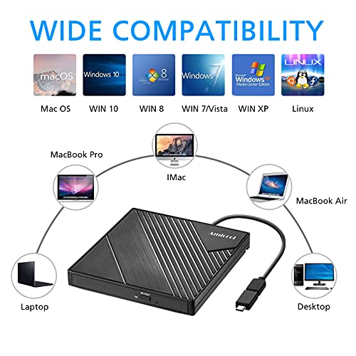 External DVD Drive USB 3.0 USB C CD Burner CD/DVD +/-RW Optical Drive, Slim Portable DVD CD ROM Rewriter Writer Duplicator for Laptop Desktop PC Windows 11/10/8/7 MacBook Mac Linux OS Apple