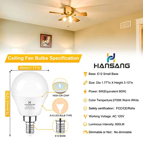 hansang 6 watt (60w Equivalent) LED Bulbs, E12 Small Base Candelabra Round Light Bulb, 600 Lumen, Warm White 2700K Ceiling Fan Light Bulbs, A15 LED Bulb Globe Shape, Non dimmable (6 Pack)