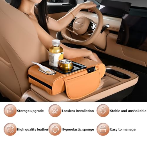 Car Armrest Cushion,5-in-1 Center Console Cover with 2 Storage Bags Cup Holder, Tissue Box Slot, Phone Slot for Sedans, Car Accessories Interior Organizers (Black)