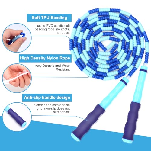 GRAWUN Jump Rope For Kids, Soft Beaded Jump Rope, Adjustable Length Tangle-Free Segmented Soft Beaded Skipping Rope，for Women, Men and Kids Keeping Fit, Workout and Weight Loss