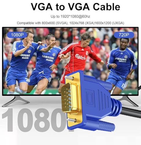 VGA Cable 6 Feet, Gold-Plated Shielded VGA Male to Male Monitor Computer Cable Adapter Cord 15 Pin HD15 1080P@60Hz Full HD High Resolution for TV Computer Projector-Blue-Upgraded