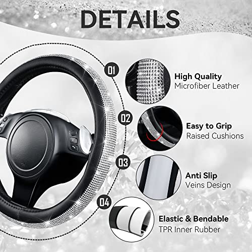 CAR PASS 11 PCS Bling Diamond Car Accessories for Women, Sparkly Rhinestone Steering Wheel Cover, Bling Seat Belt Cushion, Glitter Shift Knob Cover, Car Cup Holder Coaster, Cute Interior Sets Silver