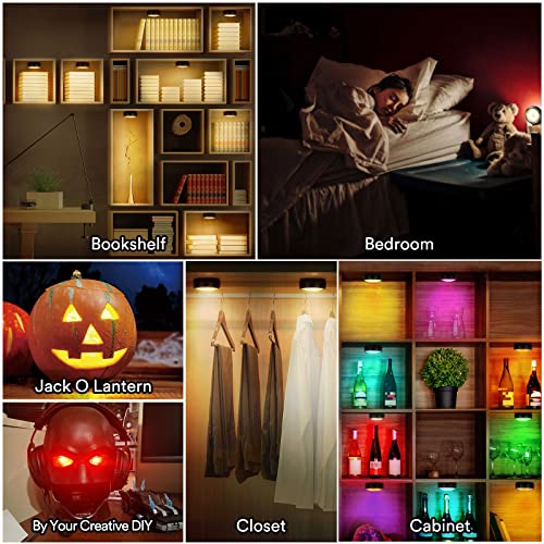 LED Puck Lights with Remote Control, Battery Operated Wireless Closet Light, Under Cabinet Lighting Stick on Tap Push Lights, Color Changing Under Counter Light for Kitchen, 6 Pack - Black